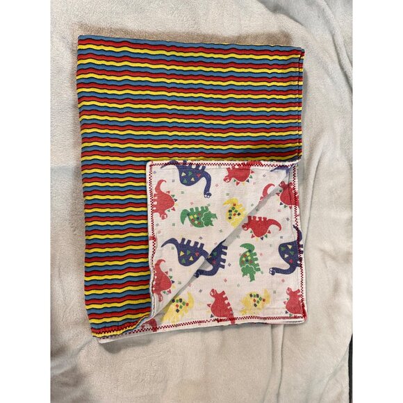 Dinosaurs & Striped Reversible Baby Blanket Cotton 40 x 30 No Tag EUC READ - Picture 11 of 11